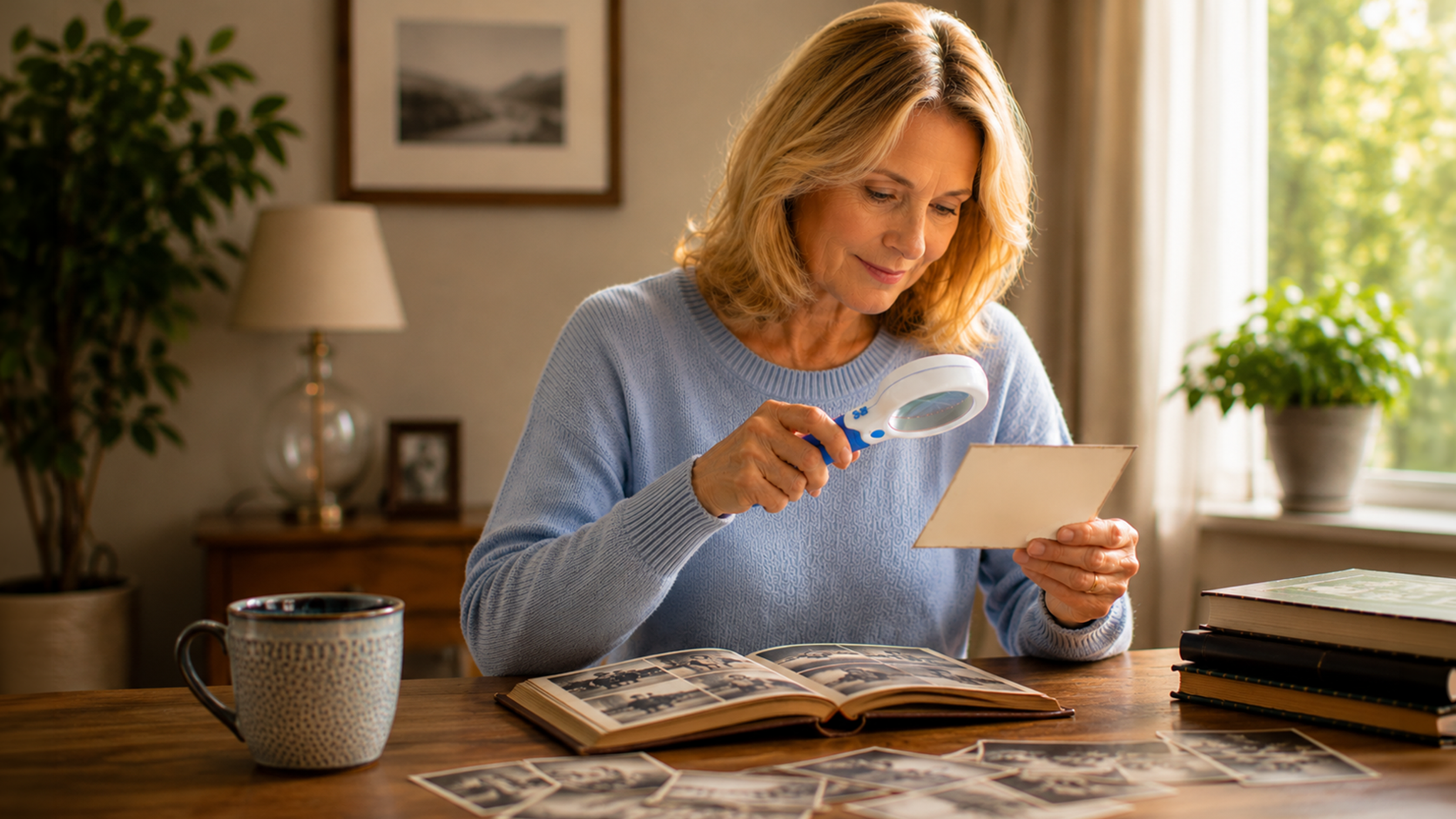 Woman using a magnifier to look at old photographs