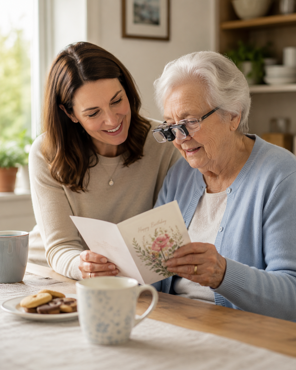 Adult daughter helping her elderly mother read a birthday card in a bright kitchen