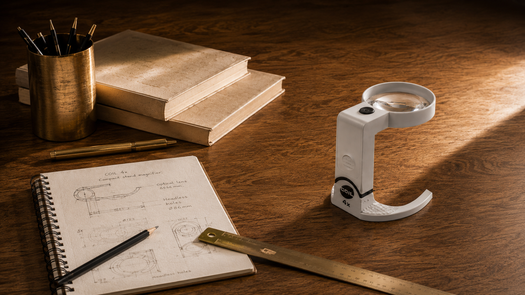 COIL magnifier on a warm wooden workbench with sketches and drawing tools
