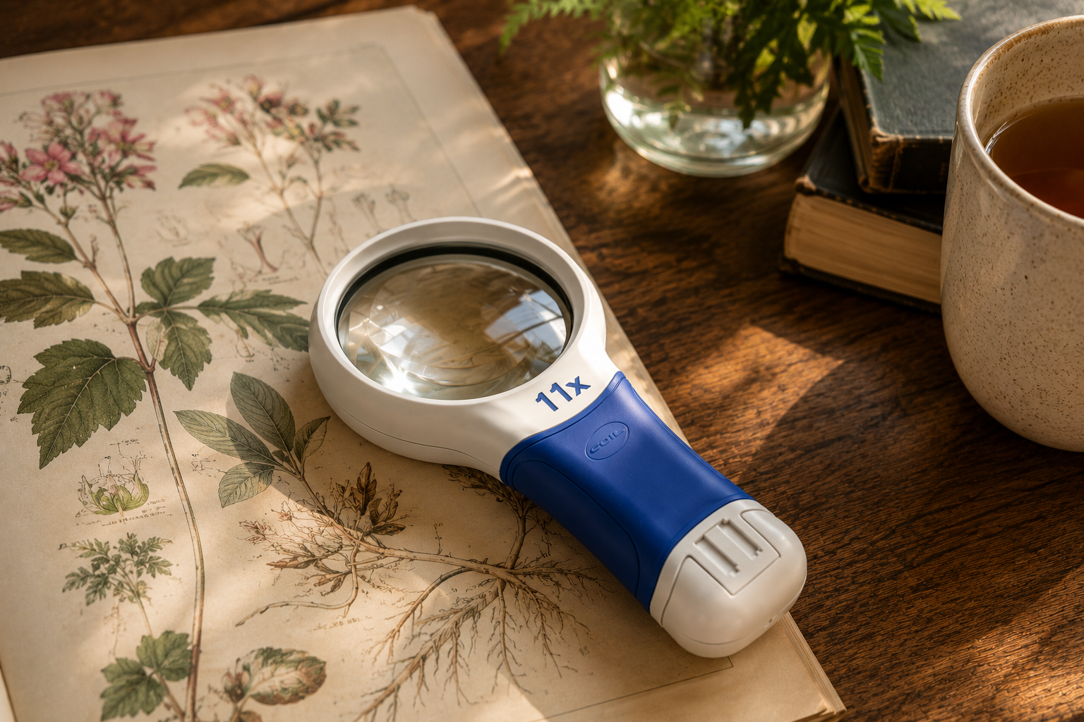 COIL AT Max magnifier resting on botanical illustrations in warm natural light