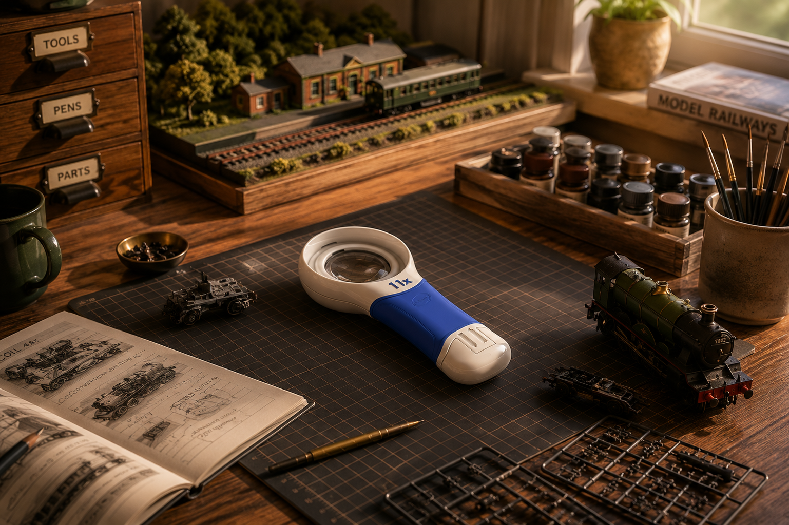 COIL AT Max magnifier in a model railway workspace.