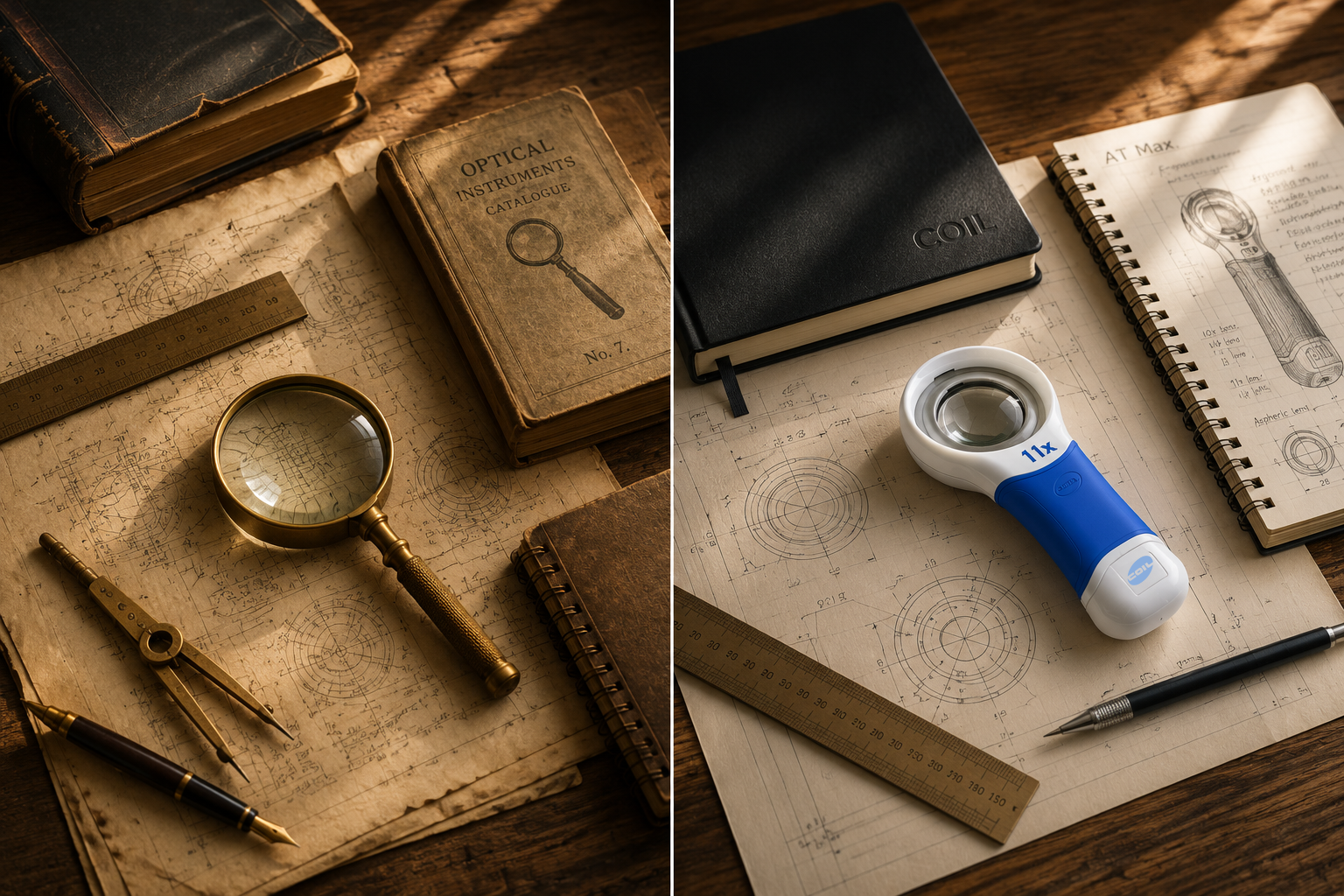 Then and now desk scene showing heritage optical tools alongside a modern COIL AT Max magnifier
