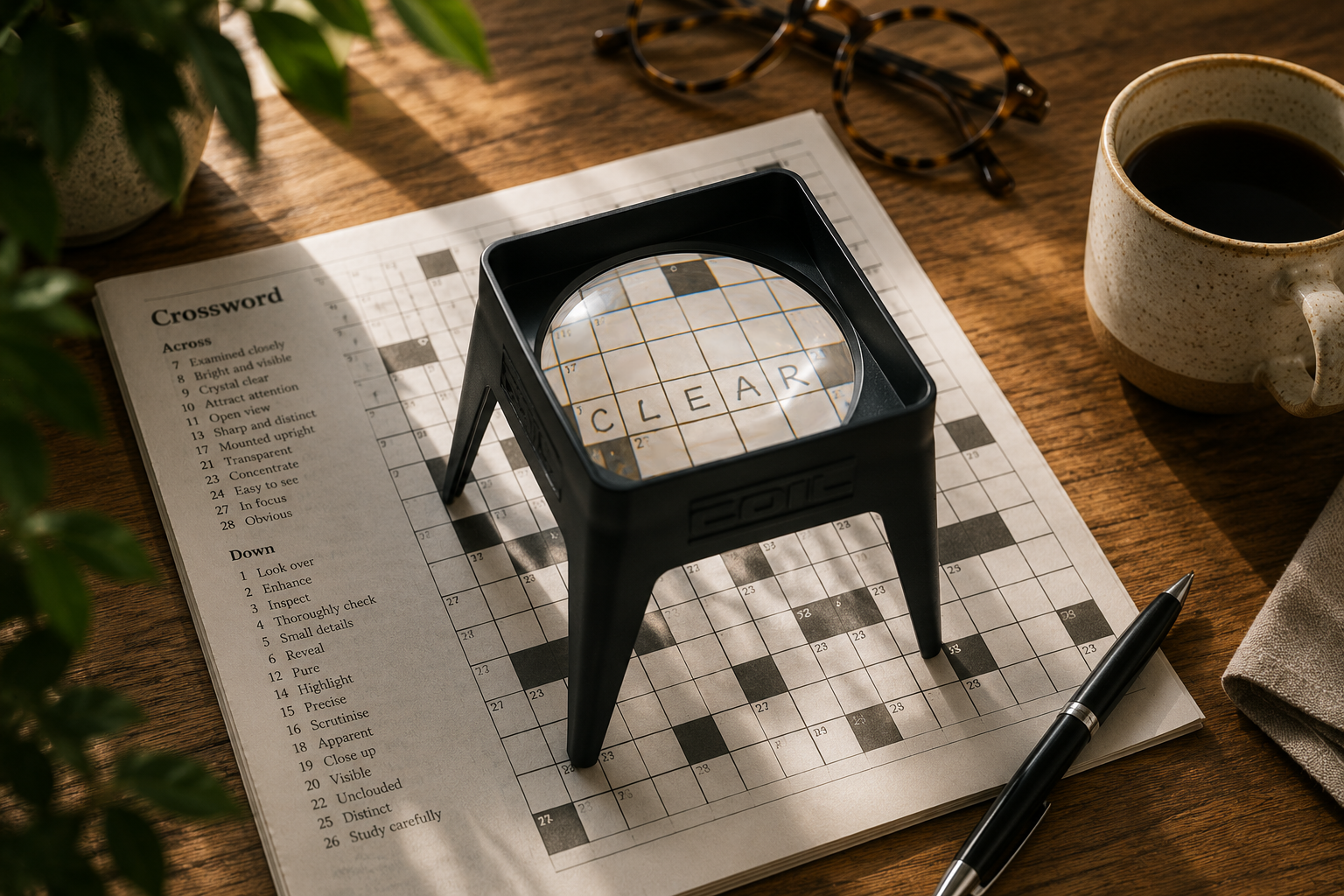 COIL stand magnifier over a crossword puzzle