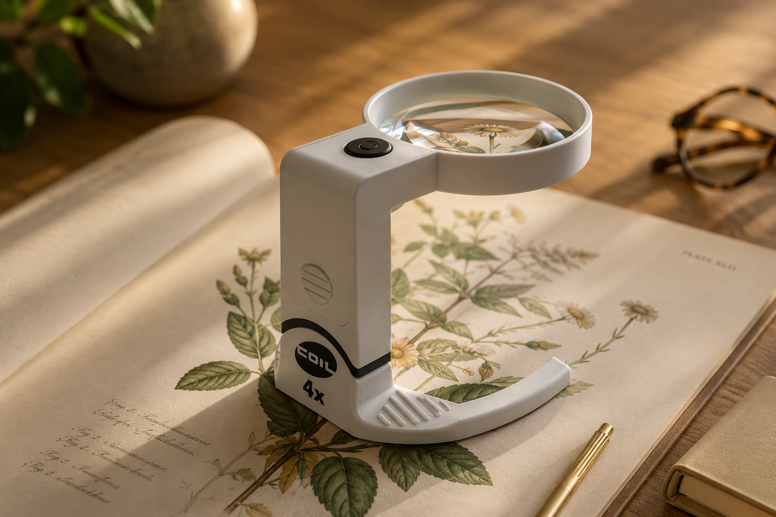 COIL Illuminated Tilt Stand Magnifier over botanical artwork