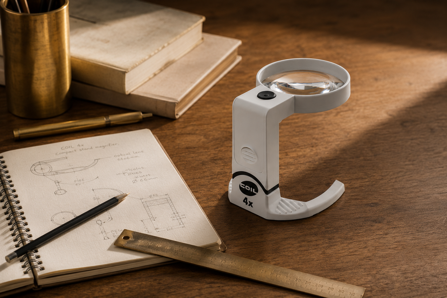 COIL Tilt Stand Magnifier on an engineering workbench